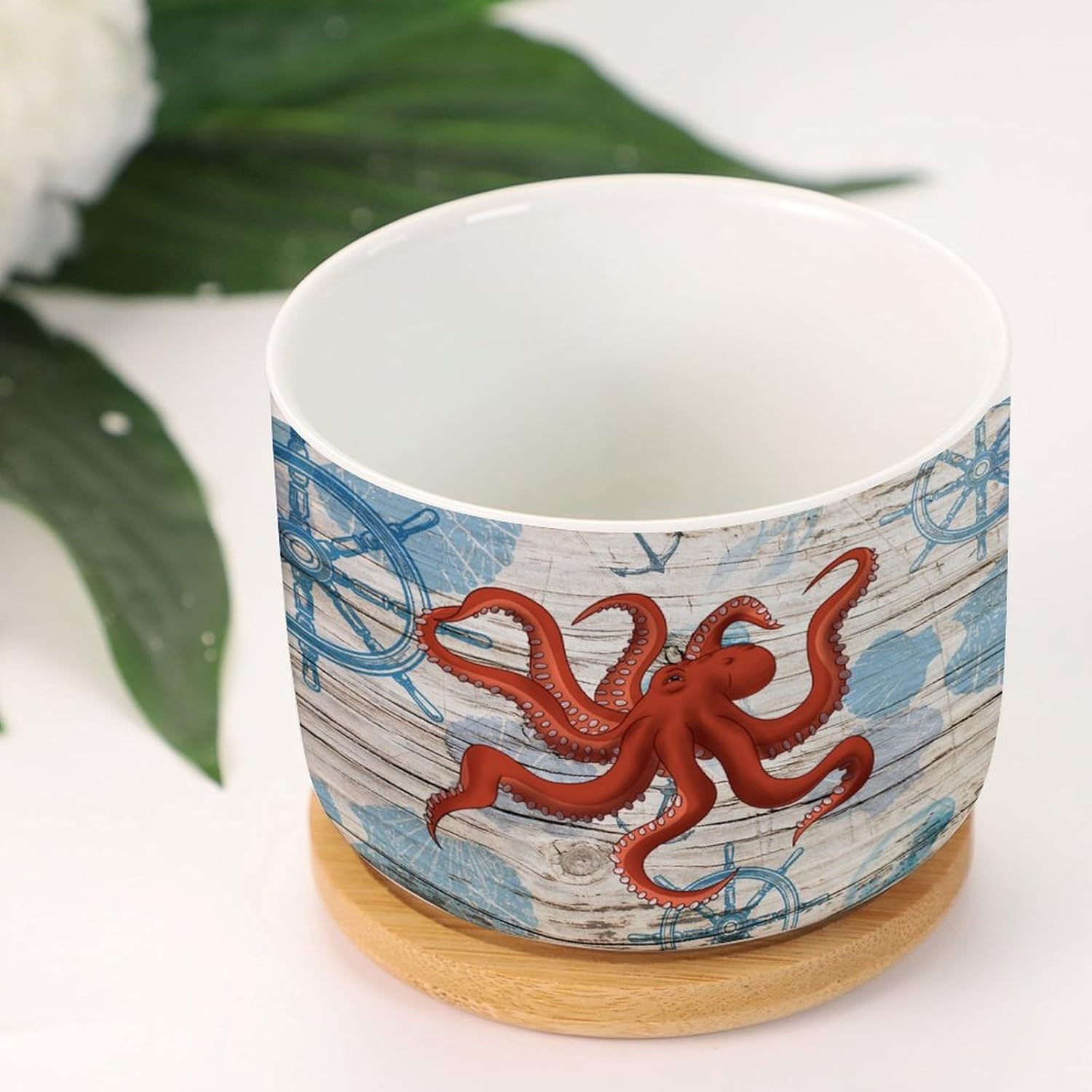 Beach Sea Ocean Animal Octopus Succulent Planters Set of 5 Small Ceramic Pots for Plants with Drainage Holes and Bamboo Tray Ocean Decor Nautical Ceramic Planters for Indoor Plants