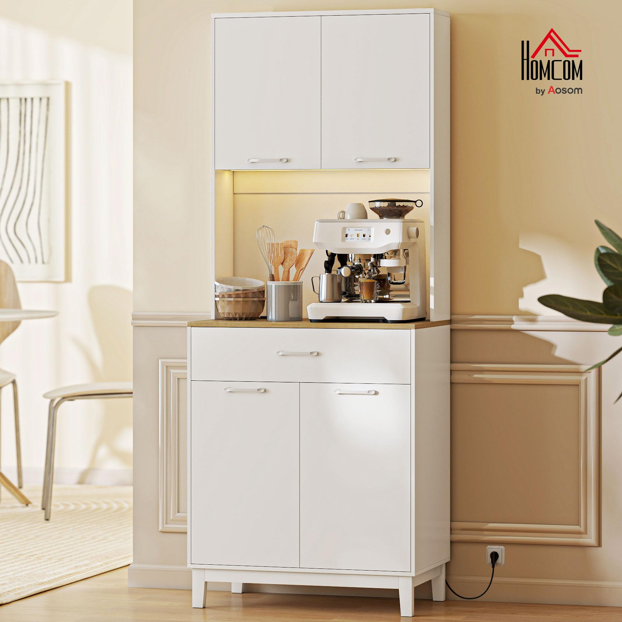 HOMCOM Credenza Cucina, Mobile Dispensa con Luci LED e Stazione di Ricarica con USB, Mobile Cucina con 2 Armadietti, Cassetto, Ripiani Regolabili, per Sala da Pranzo, Soggiorno, 71x40x180 cm, Bianco