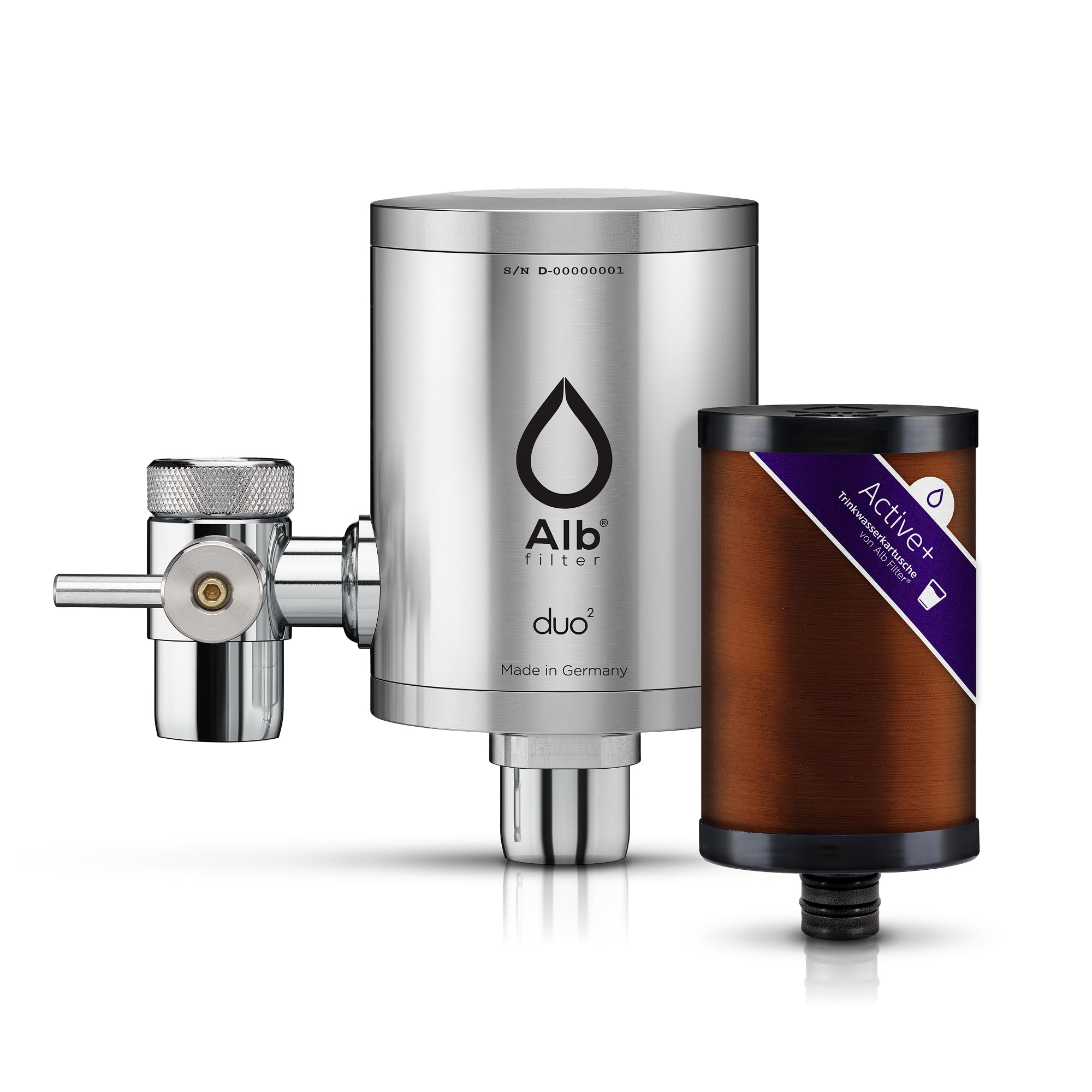 Alb Filter Duo Active Plus+ Trinkwasserfilter Edelstahl Natur – Wasserfilter Wasserhahn für sauberes Trinkwasser – Filtration von Schadstoffen, Bakterien & Kalk – Wasserfiltersystem Made in Germany
