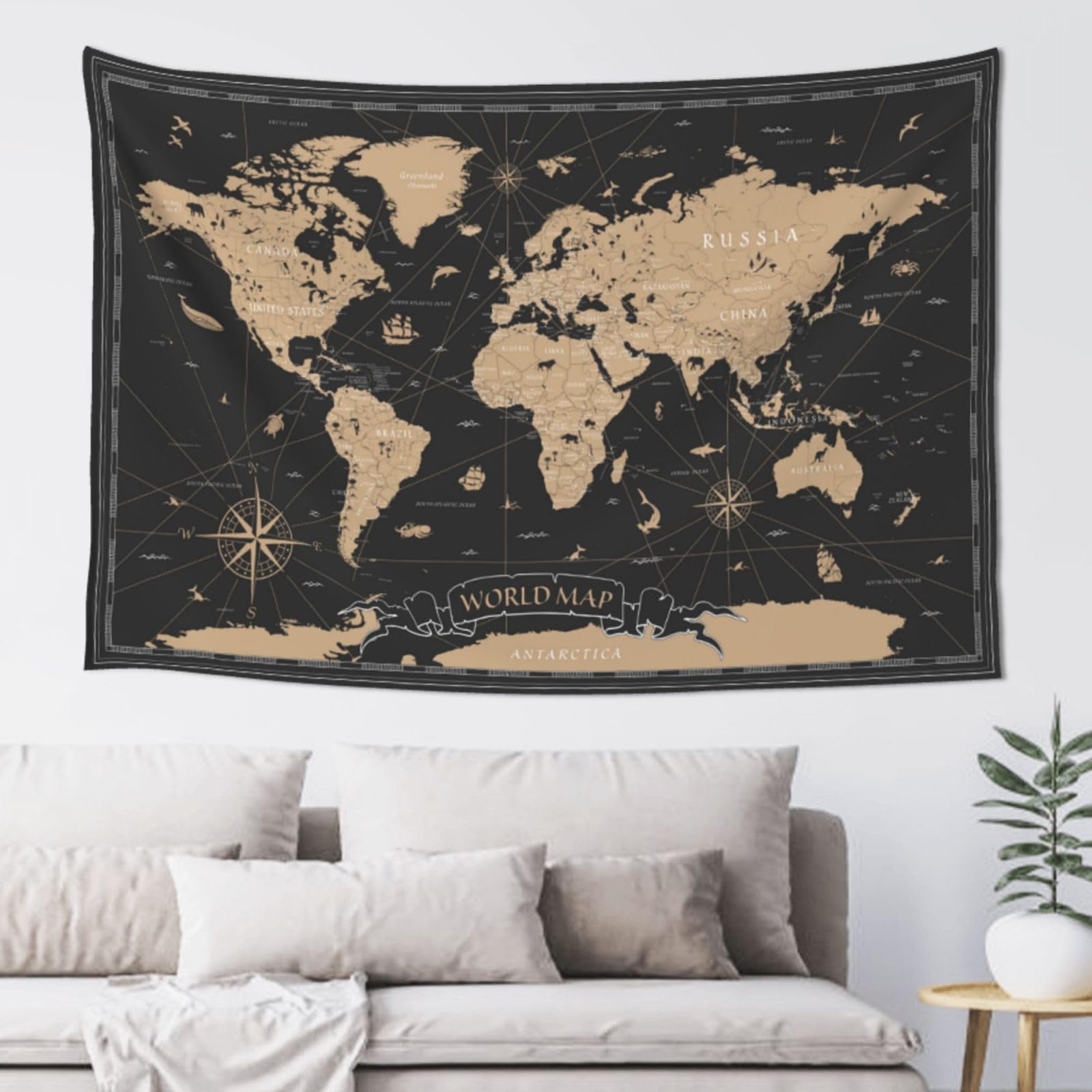 MOUNDHONG Retro World Map Black Tapestry Wall Hanging, Art Tapestry Retro Wall Art Large Wall Tapestries for Bedroom College Dorm Living Room Decor 40 x 60 in