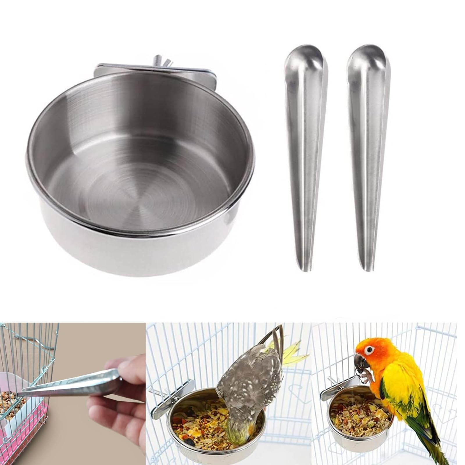 Comedero Pajaros Jaula 12cm Comedero De Acero Inoxidable, con Gancho, Cuenco para Pájaros De Acero Inoxidable, Tazas De Alimentación para Loros y Pájaros, para Hámsters, Chinchillas, Conejos