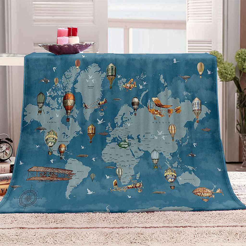 Couverture flanelle montgolfière 150x200cm bleue pour lit et canapé