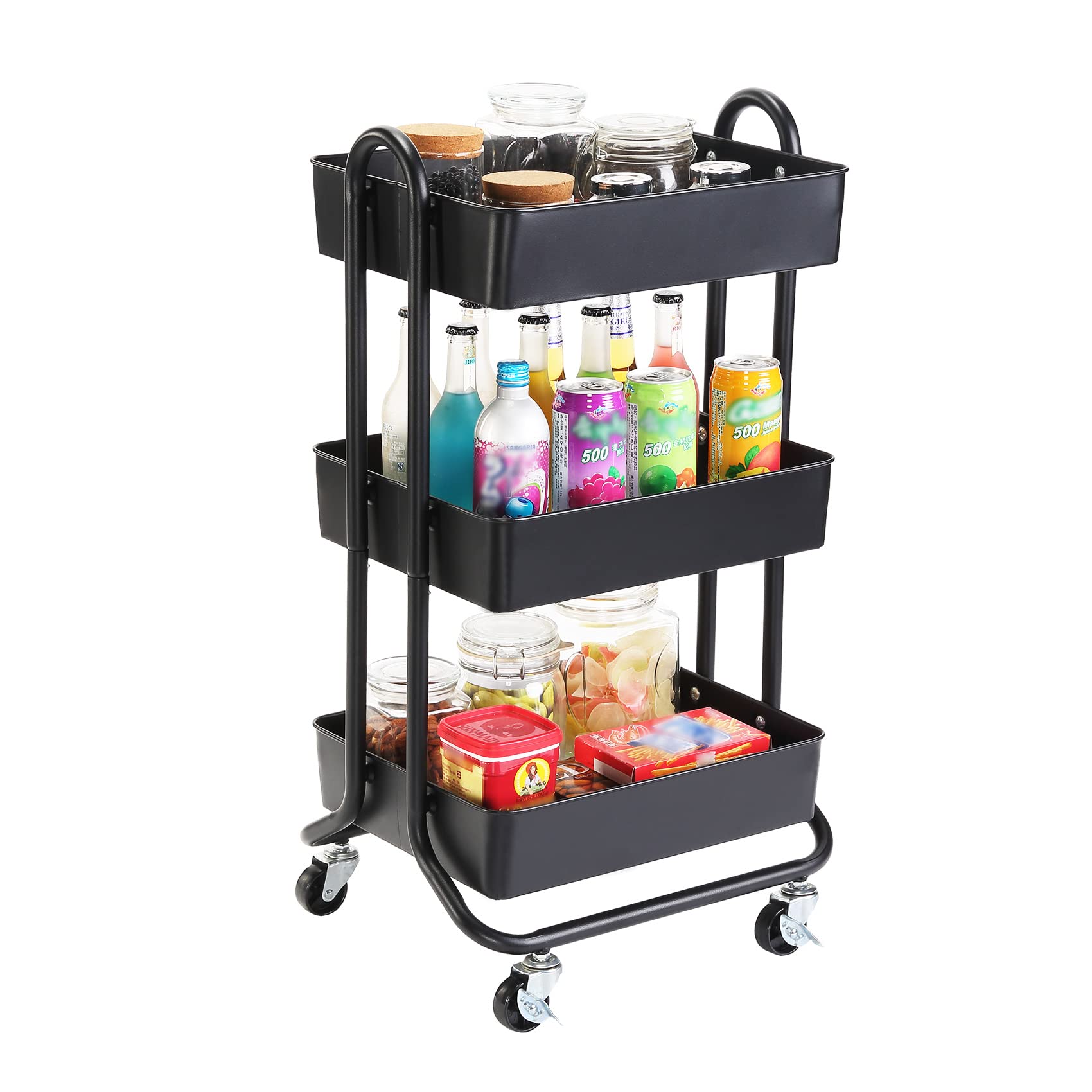 DESIGNA 3-Tier Metal Rolling Utility Cart,Heavy Duty Storage Carts Organization Cart with 2 Lockable Wheels,Multifunctional Metal Craft Art Carts for Gift Home Office,Black