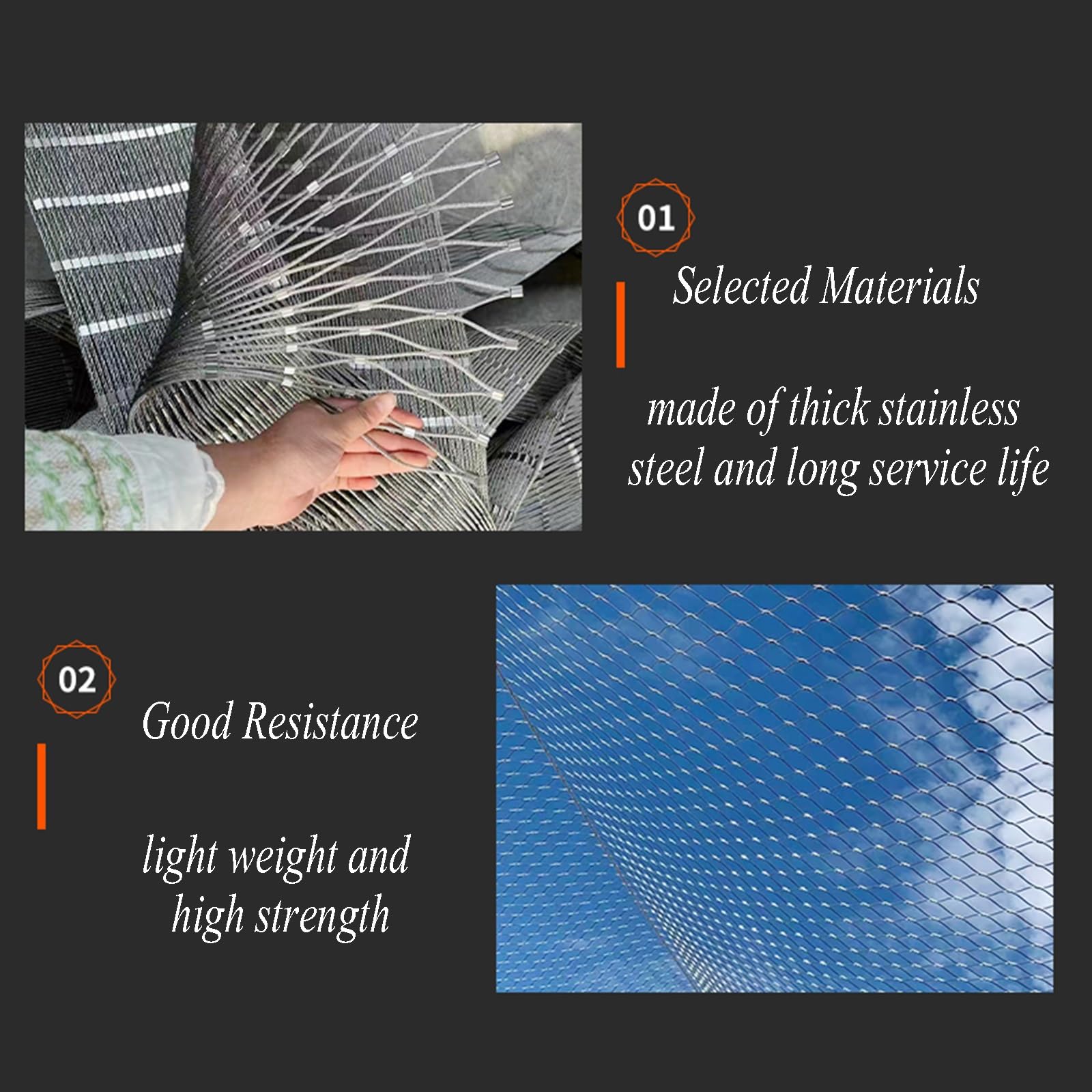 304 inless siatka z drutu stalowego, bezpieczna siatka, elastyczna poręcz do cięcia, ochrona przed upadkiem, siatka do wysokich powierzchni i ogrodzenia balustrady (dł. 0,7 x szer. 6 m dł. 2,29 x szer