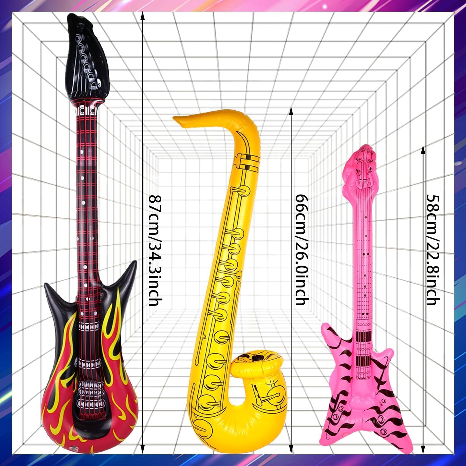Juego de 10 instrumentos inflables, accesorios de fiesta, juego de juguetes de estrella de rock, saxofón inflable, micrófono de rock, grabadora de guitarra eléctrica de roca, adecuado para varias 2