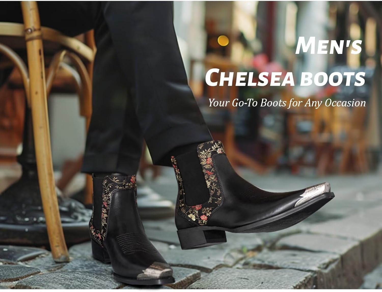 Men's Chelsea Boots with Floral Jacquard Fabric and Silver Toe Cap Slip On Dress Boots for Stage, Party, Fashion, Casual, Stylish Shoes - Image 8