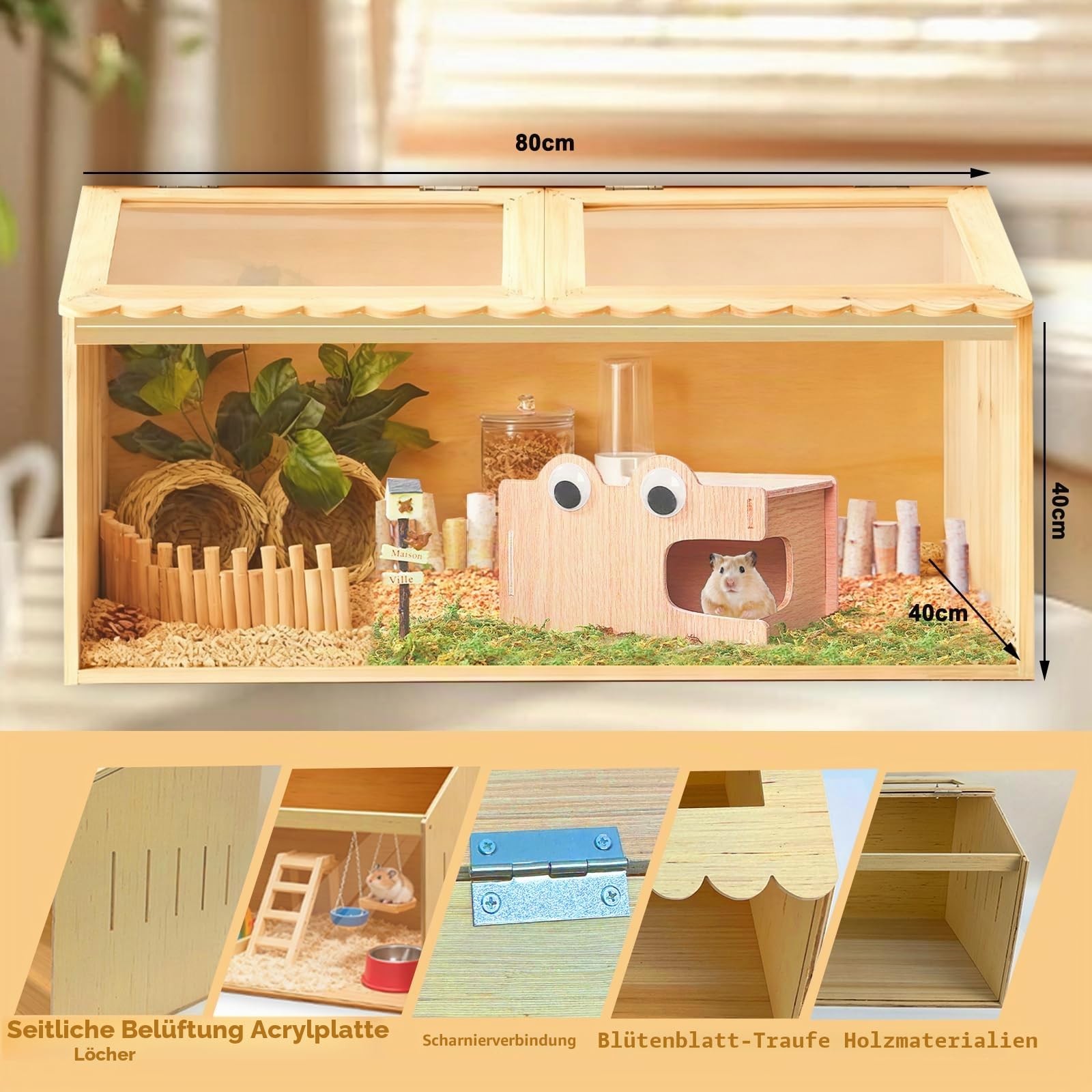 Holz HamsterkäFig, 80x40x40 cm Hamster Cage HamsterkäFig Acrylfenster, KüKenaufzuchtbox FüR Meerschweinchen, Hamster, SchildkröTen(Ohne Verzierung)