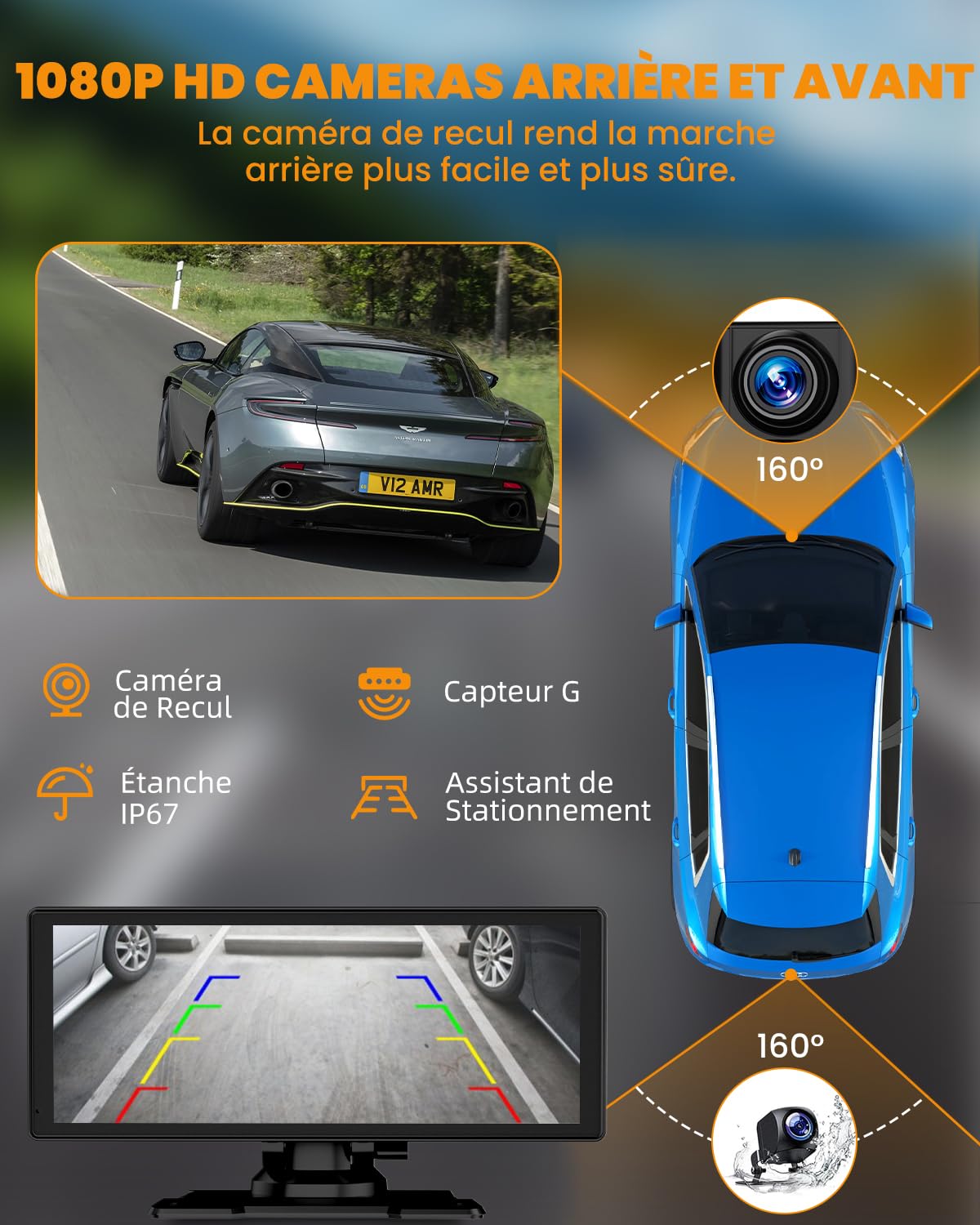 Carplay Voiture, 8.88" Autoradio Carplay pour Apple & Android avec HD 1080P Camera de Recul & Caméra Frontale, Navigation GPS, Bluetooth 5.2, Commande Vocale Mains Libres, Mirror Link, AUX, FM