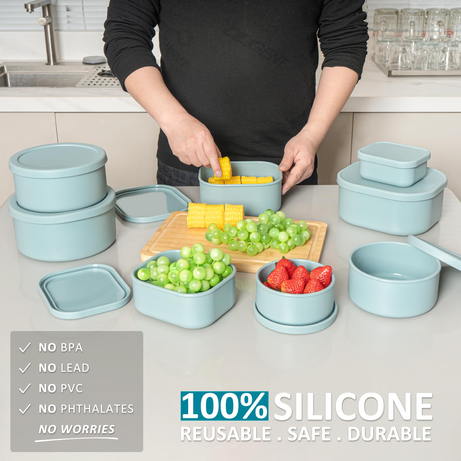 Frischhaltedosen aus 100 % Silikon mit Deckel, 8 Stück, 284 ml bis 1,4 l, wiederverwendbar, auslaufsicher, stapelbar, Bento-Lunchbox, mikrowellen-, gefriergeeignet, spülmaschinenfest, BPA-frei