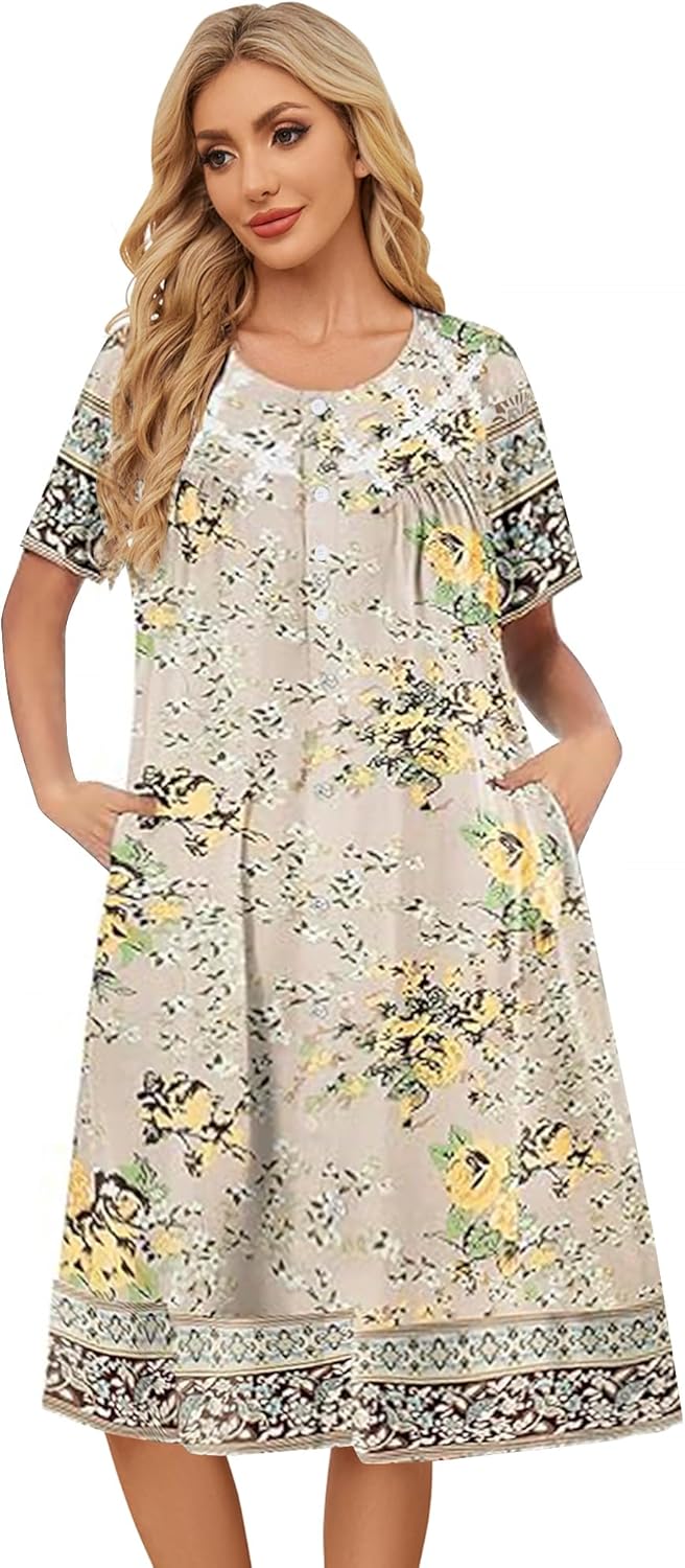 House Dresses for Women Floral Print Nightgowns Short Sleeve Lounge Moo Moo Dresses Sleepwears with Pockets - Image 3