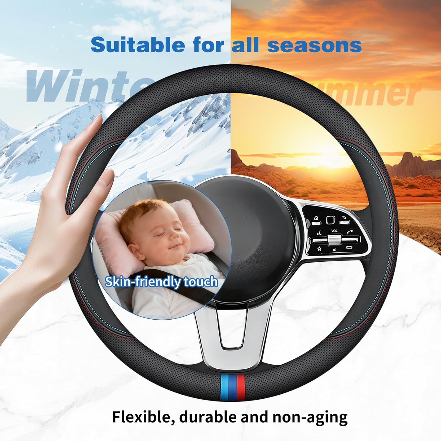 Nappa Leather Car Steering Wheel Cover Custom Fit for Mercedes Benz GLC 300 GLE 350 450 C300 Sprinter GLA 250 GLA 250 GLB 250 Accessories, Universal 15 Inch with Logo, Non-Slip and Breathable, Black