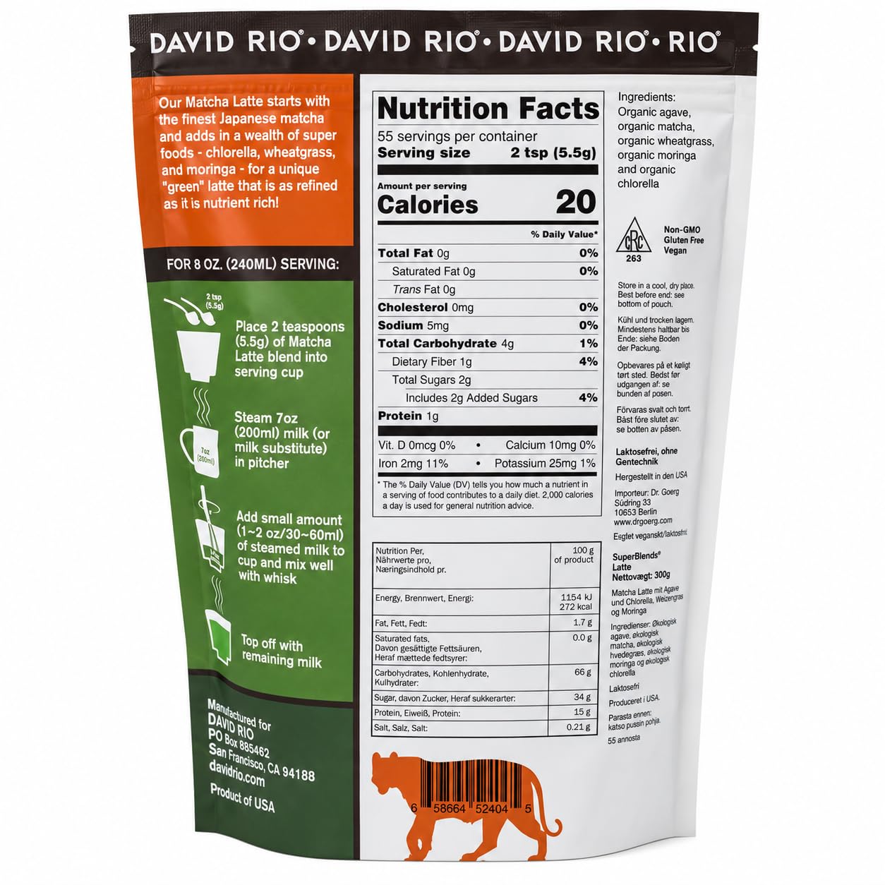 David Rio Super Blends Matcha Latte I 300g Beutel I Matcha-Mischung Pulver mit Agave, Weizengras, Moringa & Chlorella I 1 Beutel
