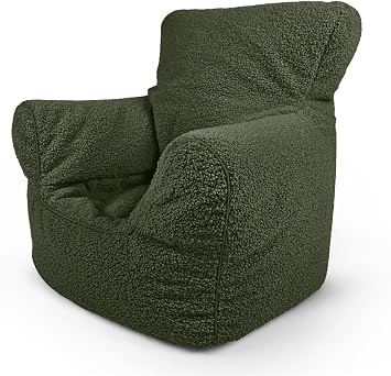 Littens Olive Green Teddy Boucle Kids Chair Bean Bag Child Kiddie Seat Armchair Soft Children Furniture Play Safe Piped Edges - 50cm x 46cm x 60cm