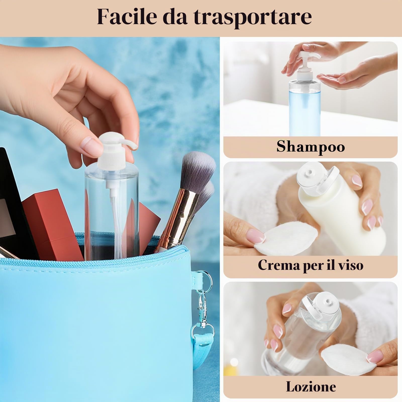 7 Pezzi Vuoto Flaconi da Viaggio 250ml con Tappo Flip Top, Teste di Pompa a Spinta, Contenitori da Viaggio per Liquidi Trasparente, Bottiglie Plastica Riutilizzabile per Shampoo (Bianco)
