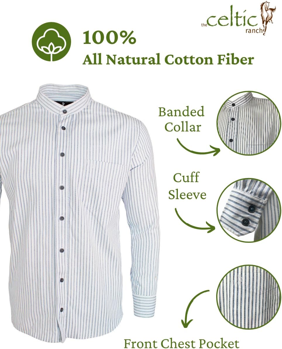 Traditional Irish Grandfather Shirt, Men's Casual Long Sleeve Button Down Collarless Dress Shirt - Image 3