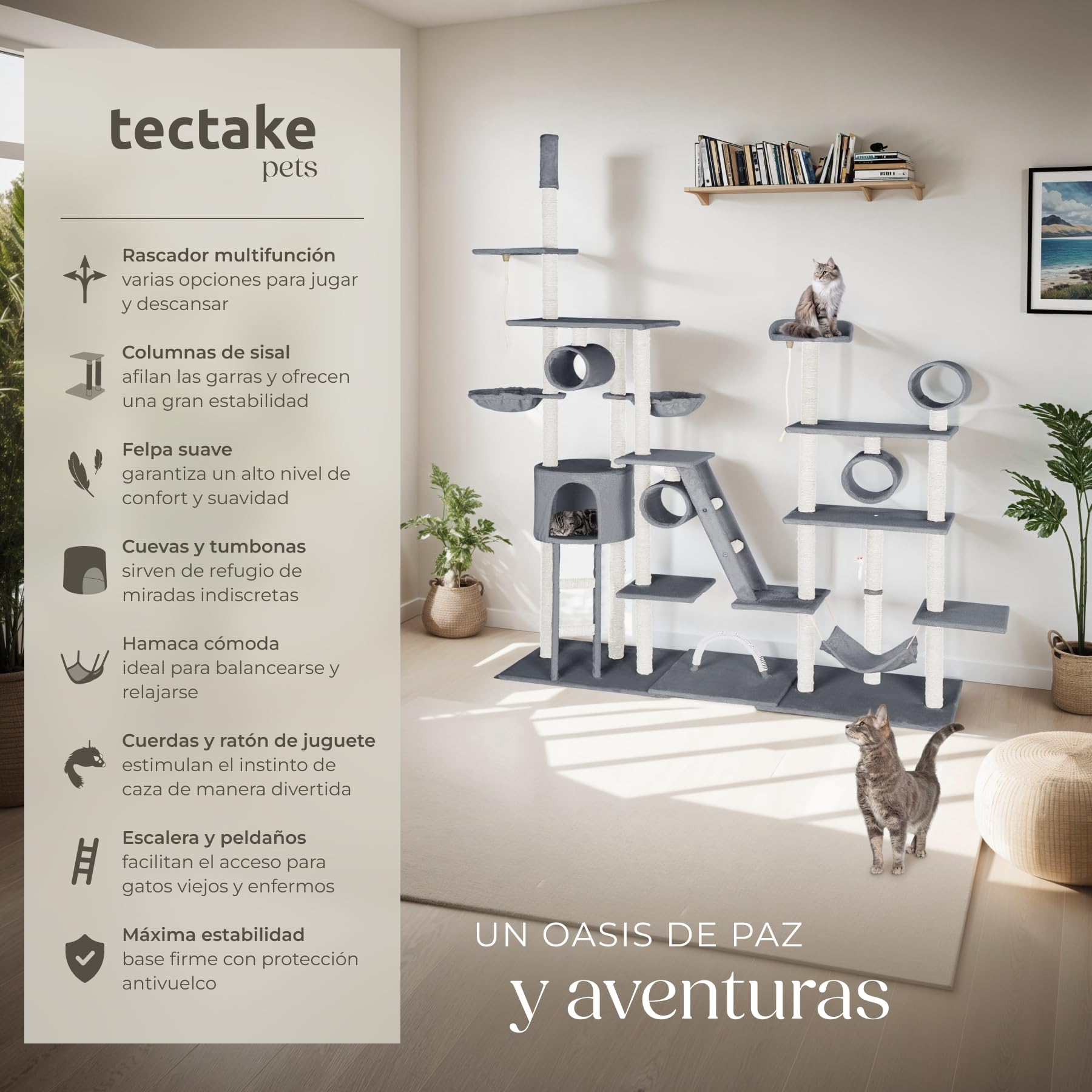 tectake® árbol rascador para gatos, con casita, 2 nidos giratorios, plataforma, hamaca, sistema antivuelco, ratón de juguete, cama para gatos, rascador gato, postes de sisal - 261 cm alto Gris