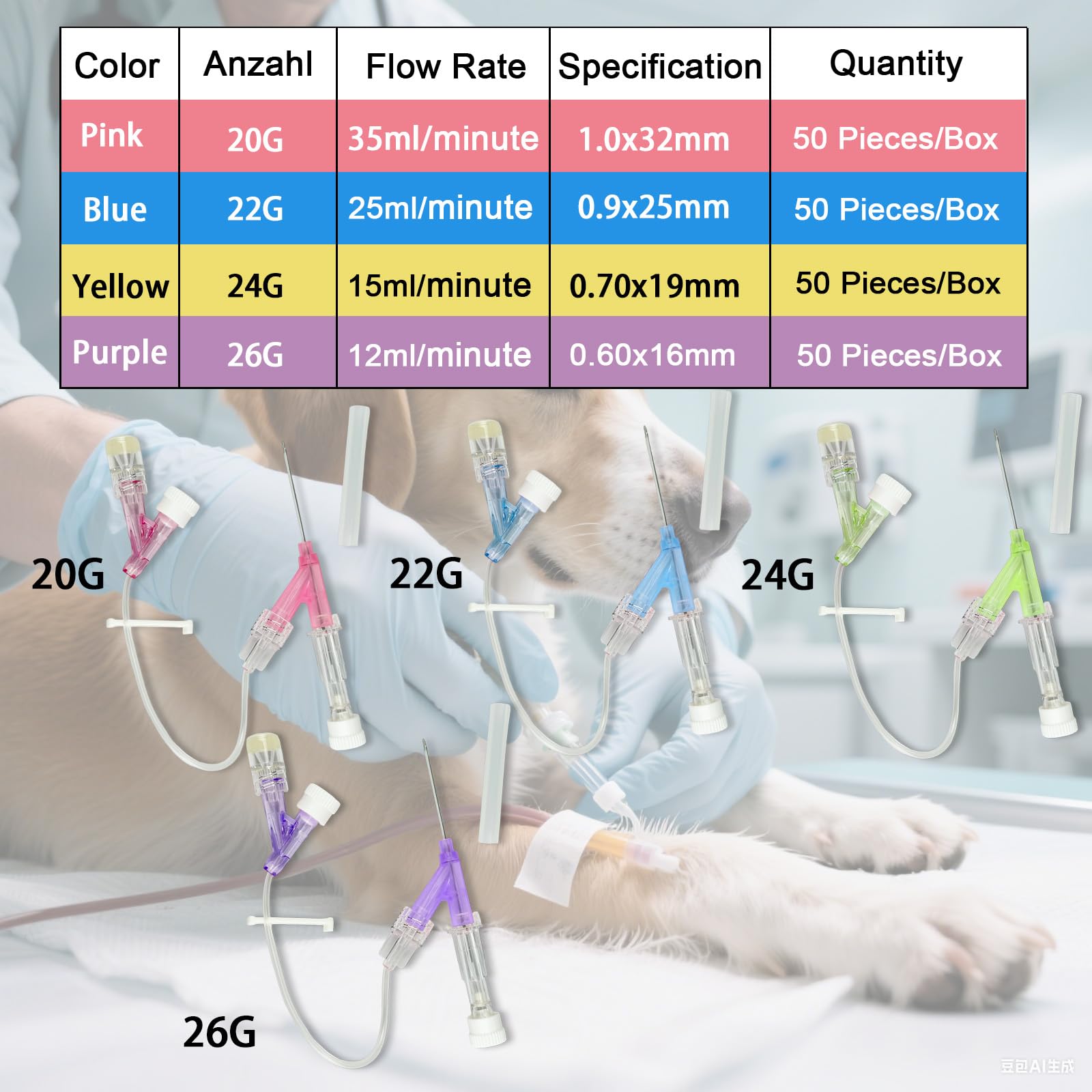 100 unidades de agujas veterinarias permanentes con tubo de extensión y pinza, catéter intravenoso veterinario, catéteres intravenosos veterinarios desechables, para animales de todos los tamaños.