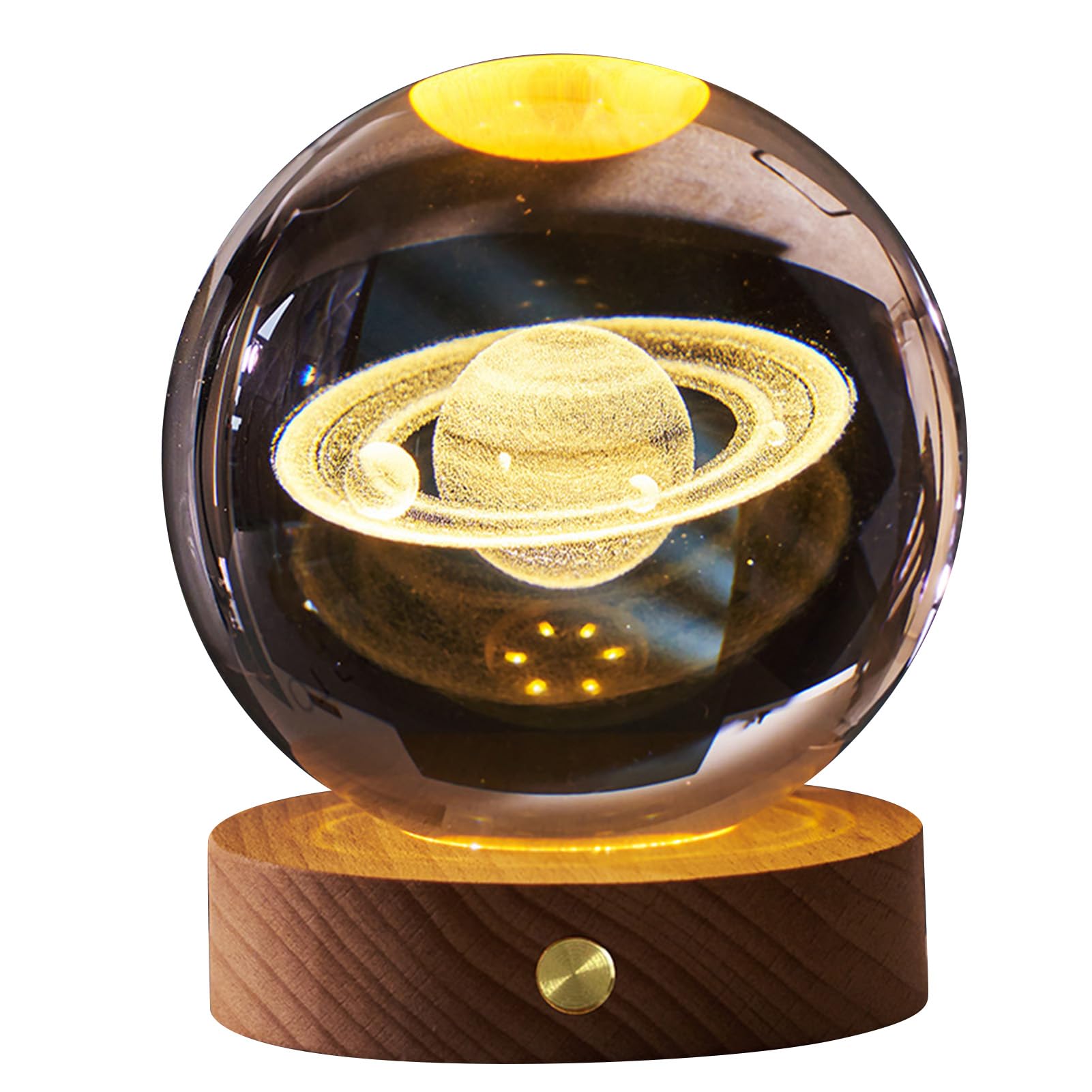 plplaaoo 3D Crystal Ball Night Light Rechargeable Battery Powered Soft Glow Multifunctional Decorative Lamp with Wooden Base for Bedroom Home Decor (Saturn)