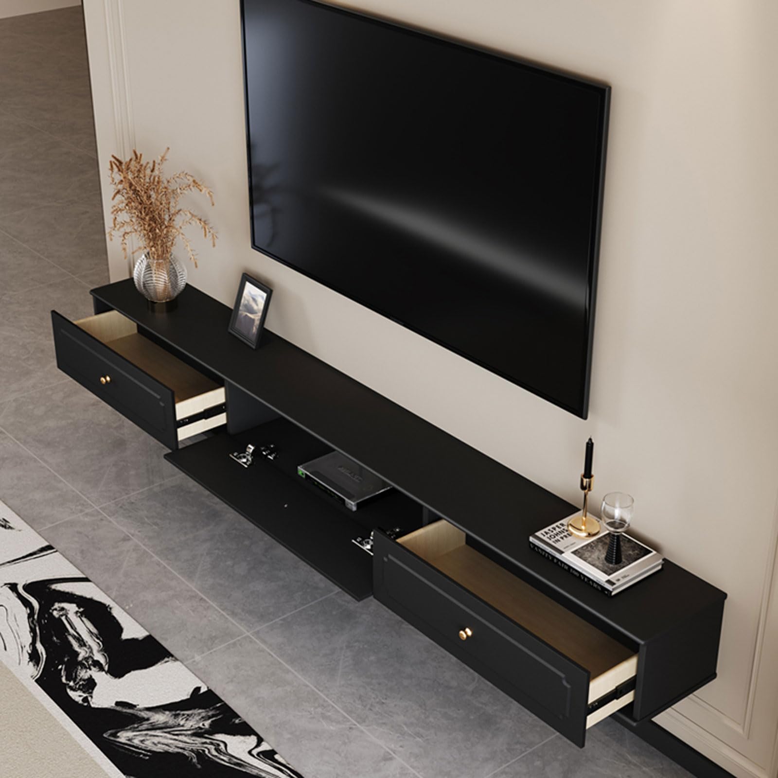 Mensola TV sospesa, Mobile TV da Parete con Lettore Dvd, ripiano portaoggetti e Supporto TV per Soggiorno e Camera da Letto.