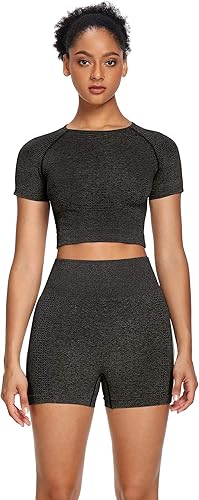 Miniatura 4 de Sytiz Conjunto de 2 piezas de yoga sin costuras para mujer pantalones cortos de gimnasio y camiseta corta de manga corta