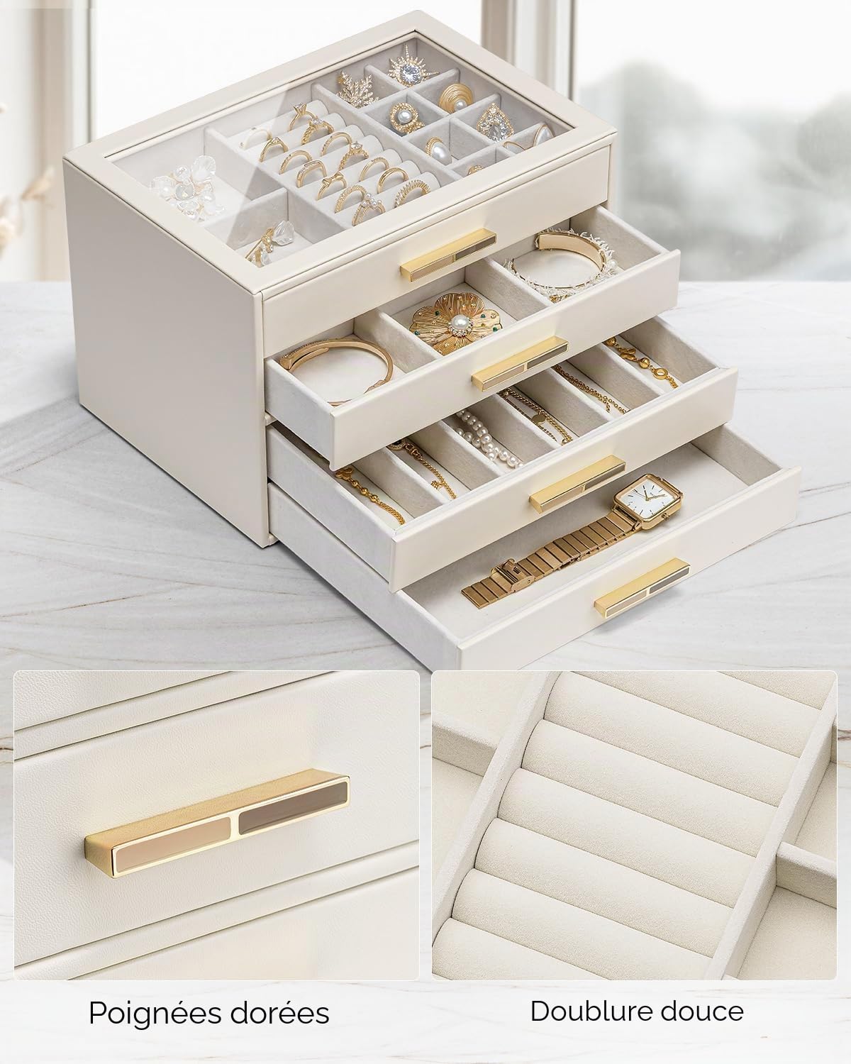 Vlando Boîte à bijoux Grande, Boîte à bijoux avec 4 niveaux, Organisateur de bijoux avec couvercle en verre, 4 tiroirs, pour colliers, boucles d'oreilles, montres, bracelets, rangement de bijoux