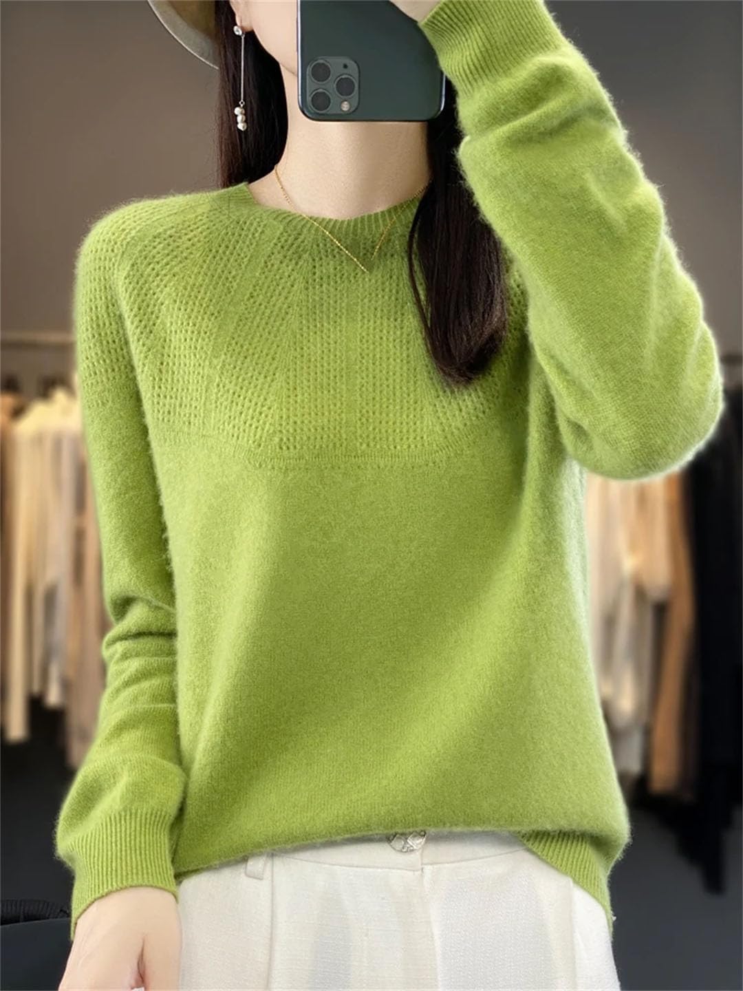 Pull col cheminée vert tricot rayures blanches I.Code
