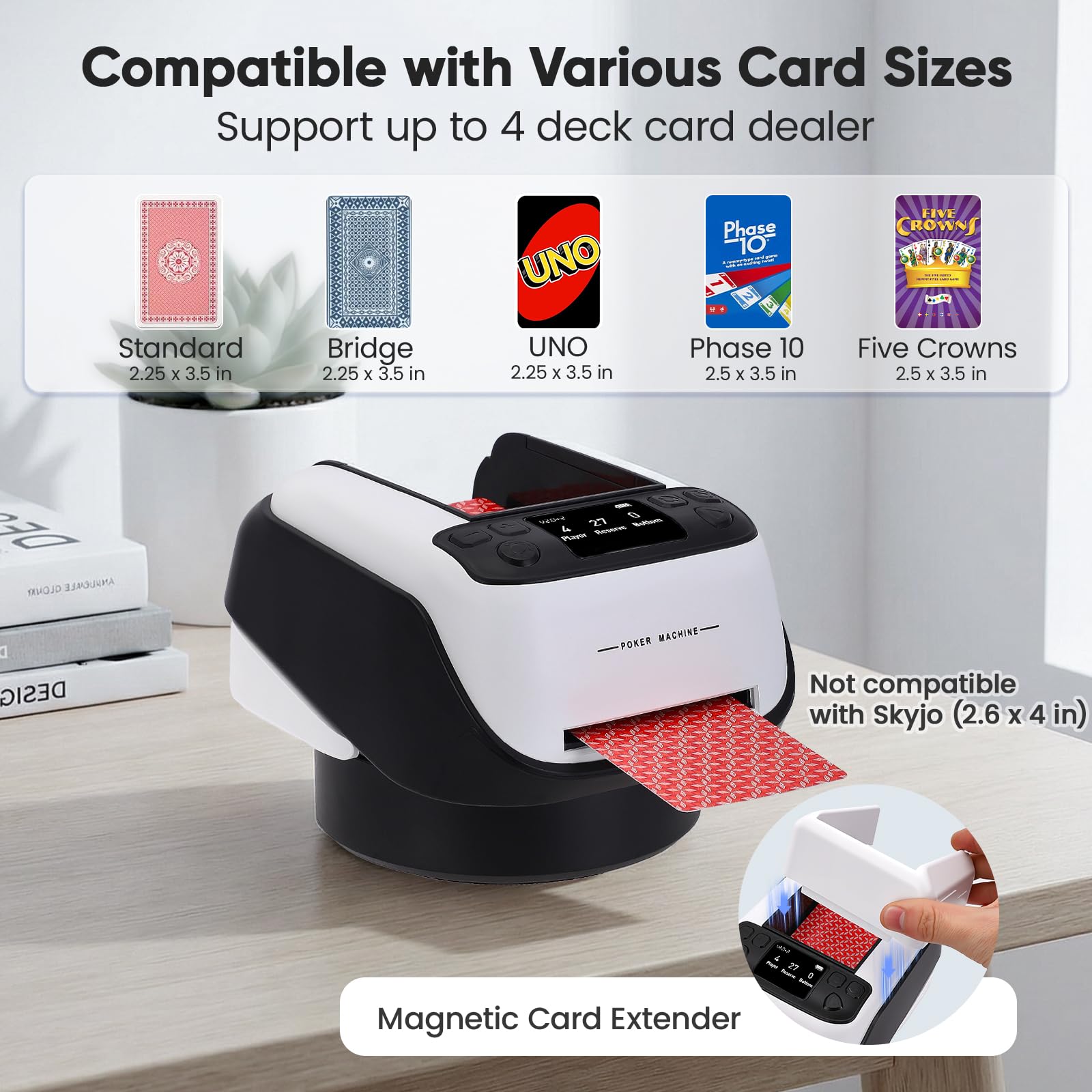 Repartidor Automático de Cartas con 4 Mandos a Distancia, Repartidor de Carta Giro 360° para 1–8 Jugadores, 1–4 Barajas, Recargable y Silencioso para Poker, Blackjack, Texas Holdem, UNO