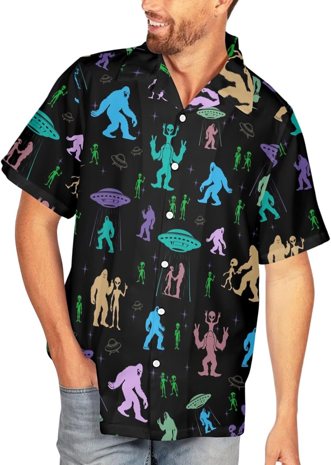 HUGLAZY Bigfoot Hawaiian Shirt for Men Sasquatch Shirts Button Down Short Sleeve Funny Party Outfit - Image 2