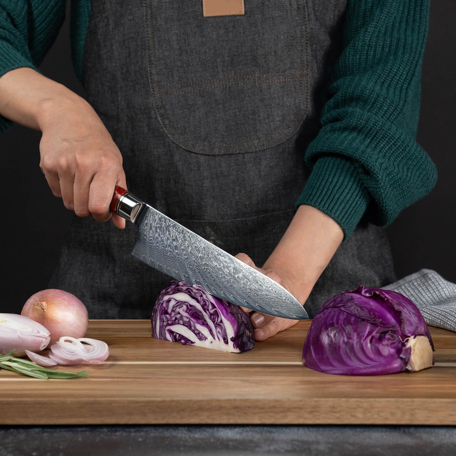 SENKEN 7-Piece Damascus Kitchen Knife Set - Tsunami Collection - 67-Layer Japanese VG10 Steel - Chef's Knife, Cleaver, Santoku, Bread, Boning, & More (Red Resin Blend) — Amazon image 3