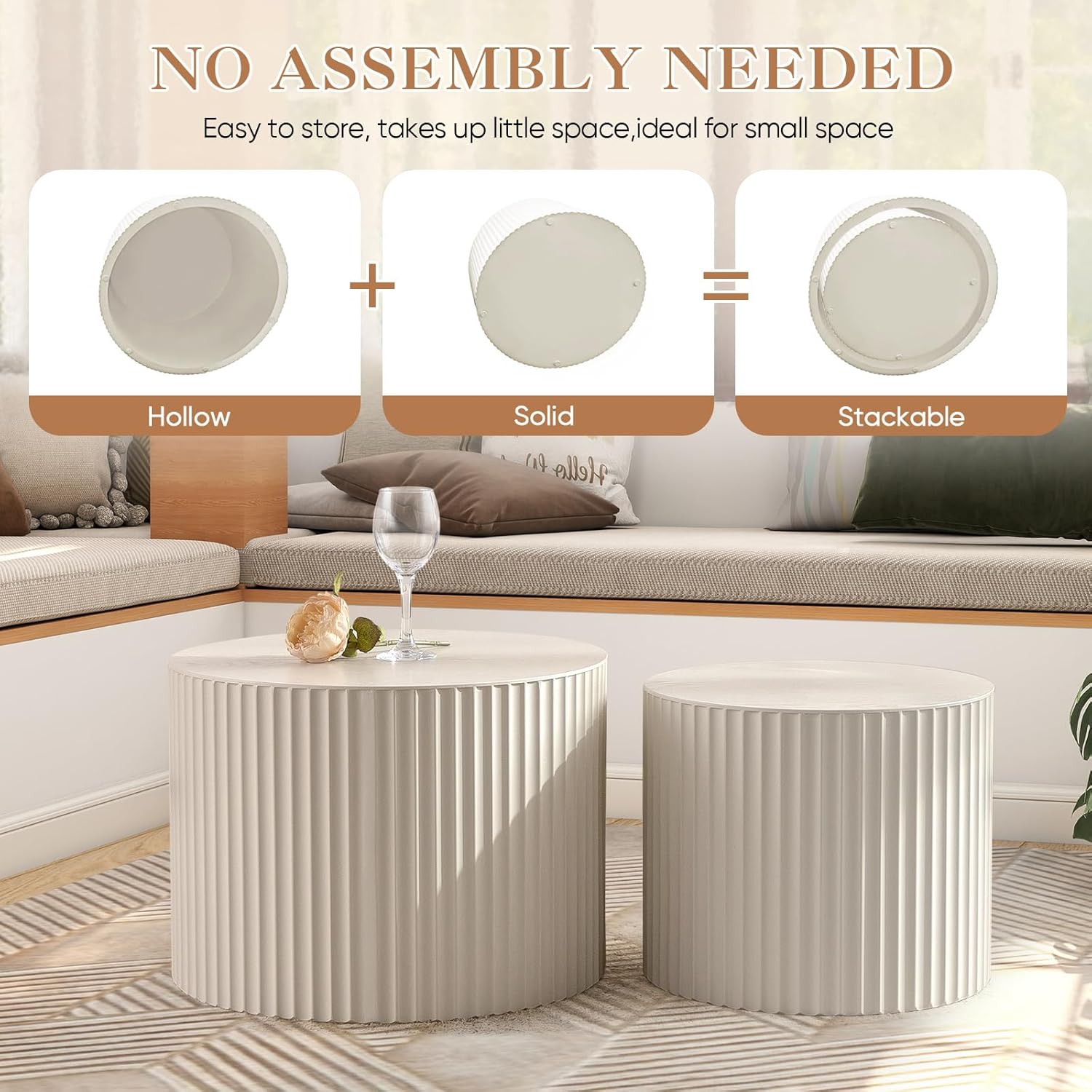 Round Nesting Coffee Table Set of 2, Modern Handcraft Wood Fluted Drum Circle Side Table Small Minimalist Unique Tea End Table for Living Room, Apartment, No Assembly Required, 18.9" &14.96", Beige