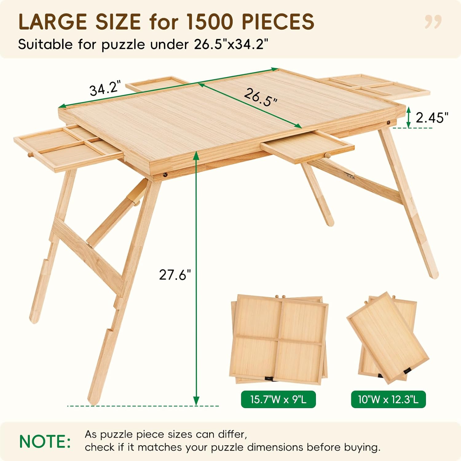 TEAKMAMA 1500 Pieces Puzzle Table 27.6" H Tall Puzzle Board with Drawers, 34.2" x 26.5" Wood Folding Jigsaw Table with Legs and Cover, Jigsaw Board for Adults, Nature