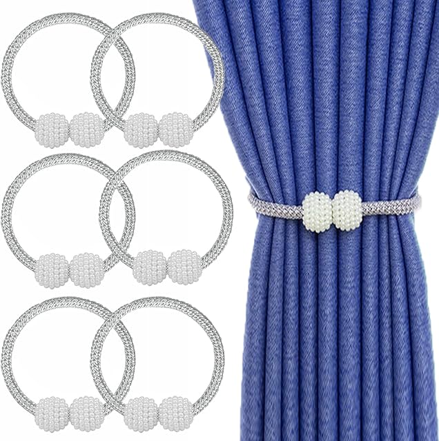 Tie Backs for Curtains,Magnetic Curtain Tie Back 6PCS,Curtain Drape Tie Backs Pearl Clips Rope Holdback Holder Net Curtain Wire and Hooks for Home Office Decorative