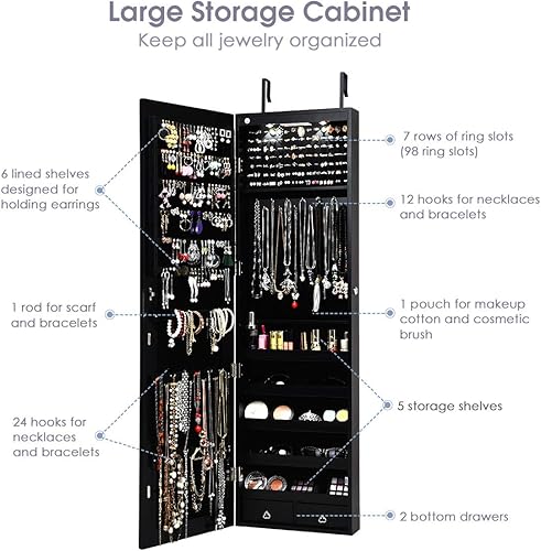 Miniatura 3 de Giantex Armario de joyería para puerta de pared con espejo de longitud completa 2 LED con cerradura grande organizador de joyas con espejo ancho