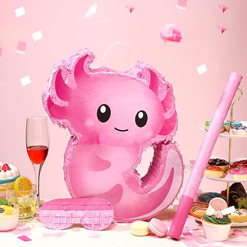 Miniatura 5 de Leyndo Piñata de ajolote rosa para fiesta de cumpleaños, piñata rosa con palo, confeti para adultos, regalo de decoración de fiesta de Halloween,