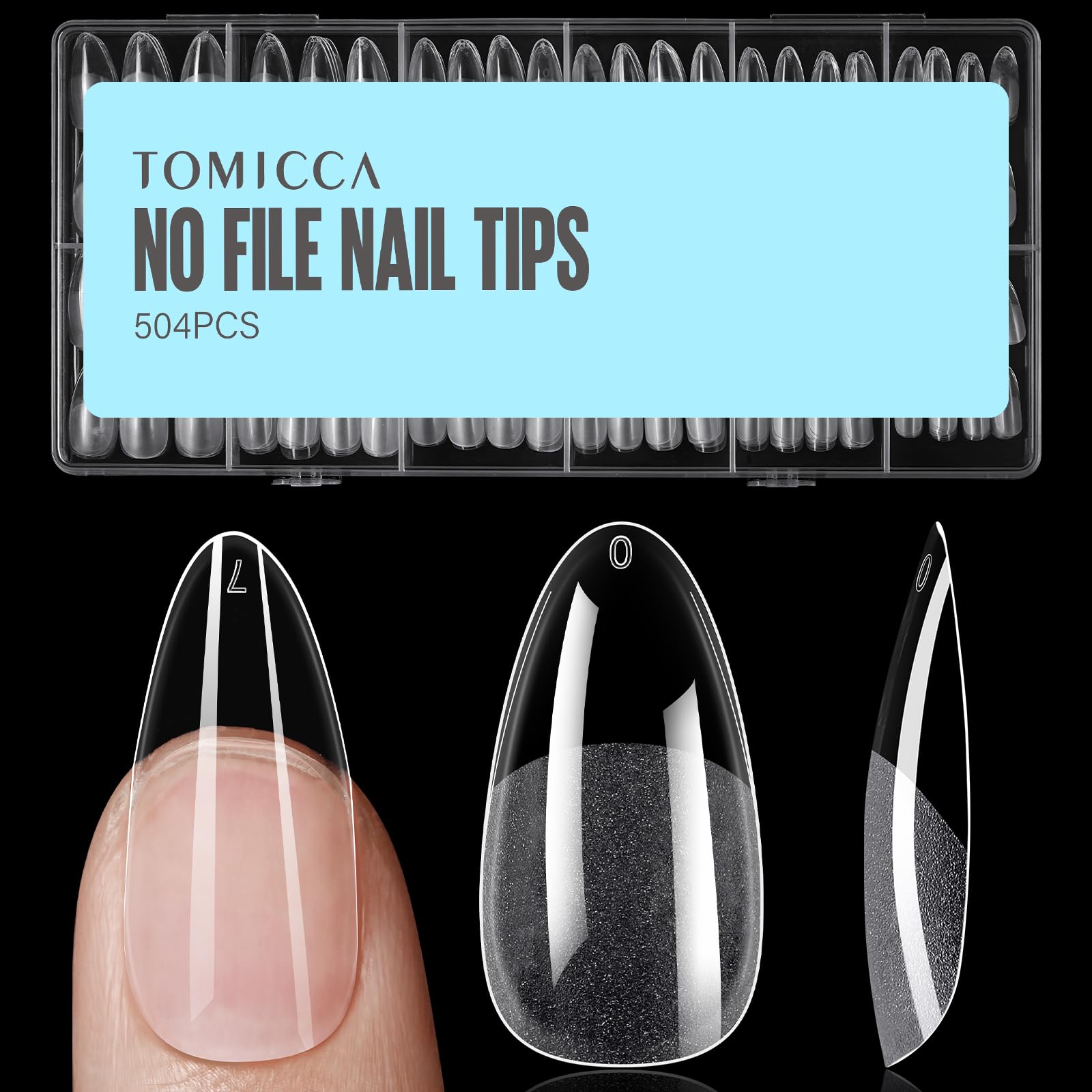 TOMICCA Medium Almond Nail Tips, 504Pcs Soft Acrylic Pre Etched Clear Fake Nails Tips Almond Shape Half Matte, Full Cover Nail Extension for Beginner