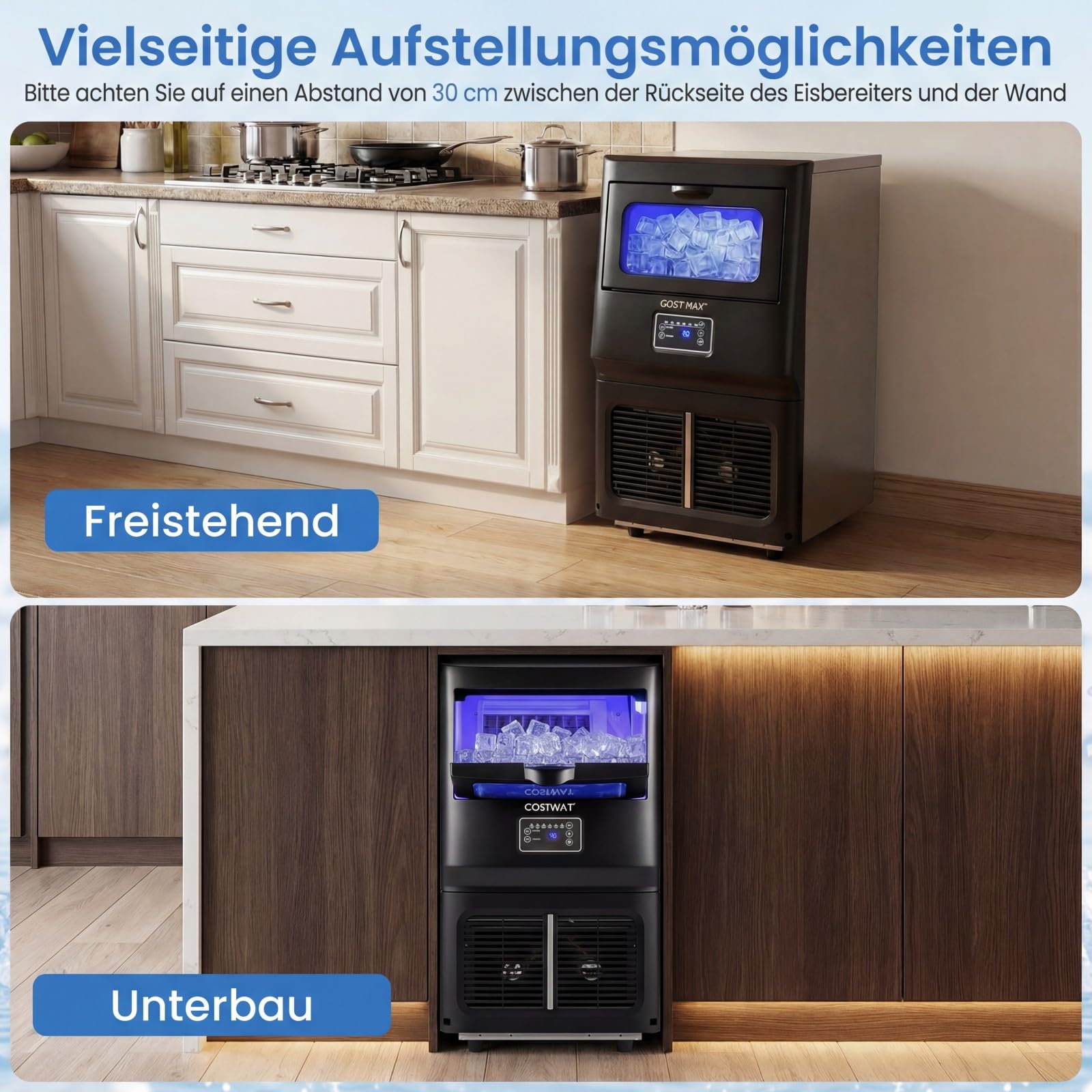 COSTWAY kommerzielle Eiswürfelmaschine 25-30 kg/24 h, gewerblicher Eismaschine aus Edelstahl mit Selbstreinigung, Wasserfilter, Eiswürfelbereiter freistehend/Untertheken für Zuhause, Bar, Restaurant