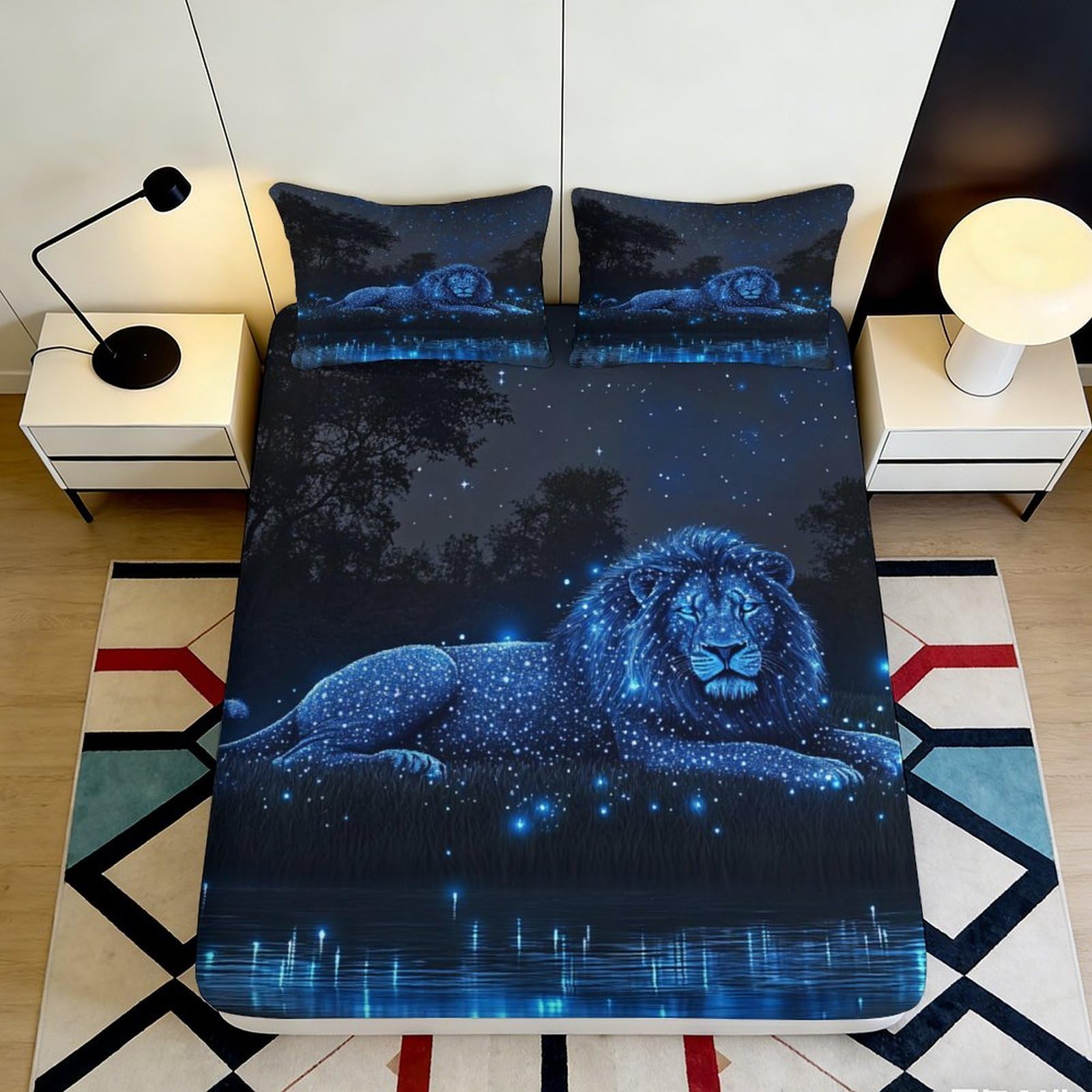 3D Printed lion pattern Fitted Sheet, dark blue Microfiber, soft touch, wrinkle resistant, guest room bedding, non-slip, washable, bedroom decor, dustproof 90x200x25cm