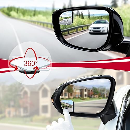 Vista 5 de LivTee Espejo de punto ciego, espejo retrovisor convexo sin marco de vidrio HD con forma de ventilador con palo ajustable de gran ángulo
