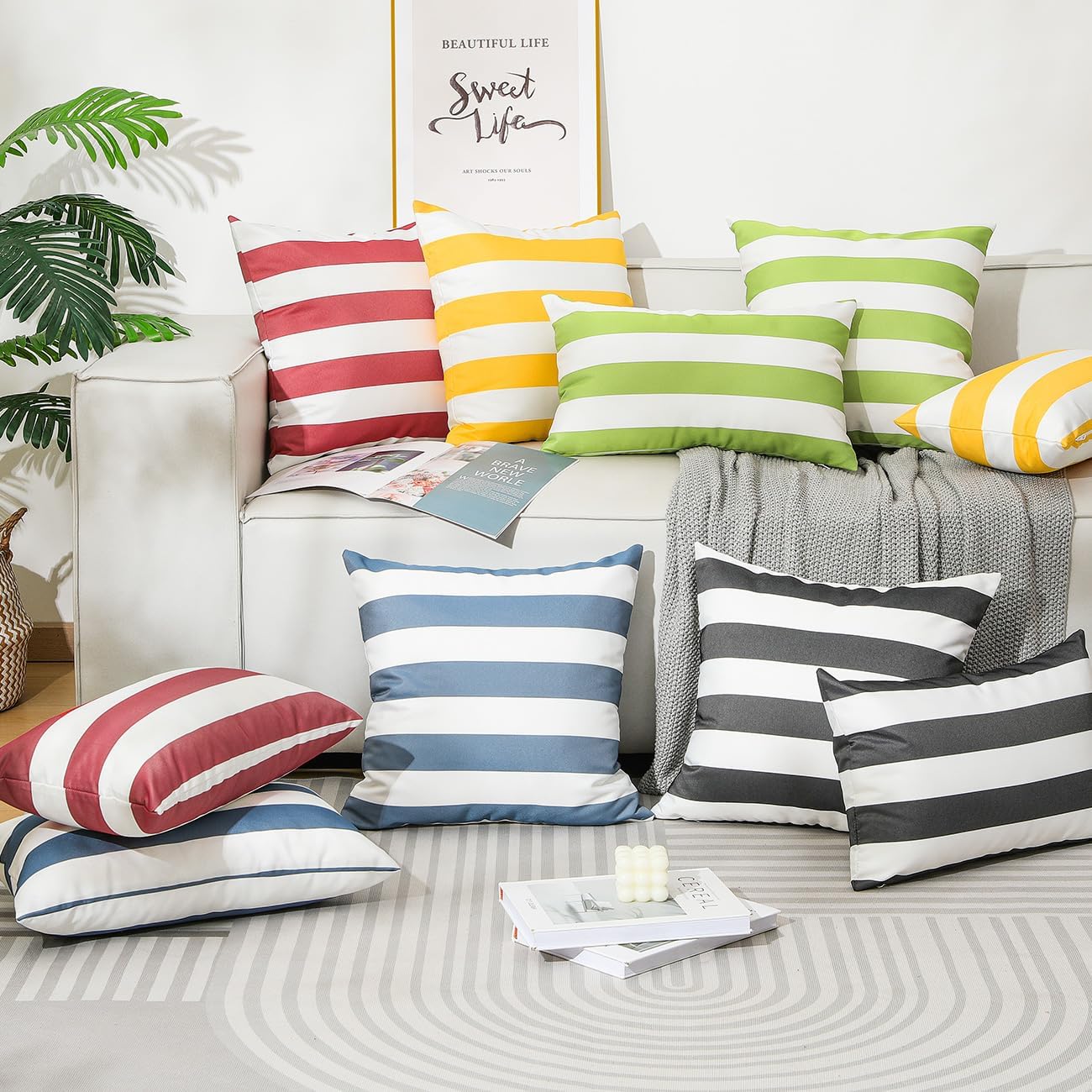 Lewondr 2 Pack Outdoor Throw Pillow Covers, Square Stripe Waterproof Throw Pillow Cases for Outdoor Patio Porch Farmhouse Garden Balcony Couch, 20"x20"(50x50cm), Red + White