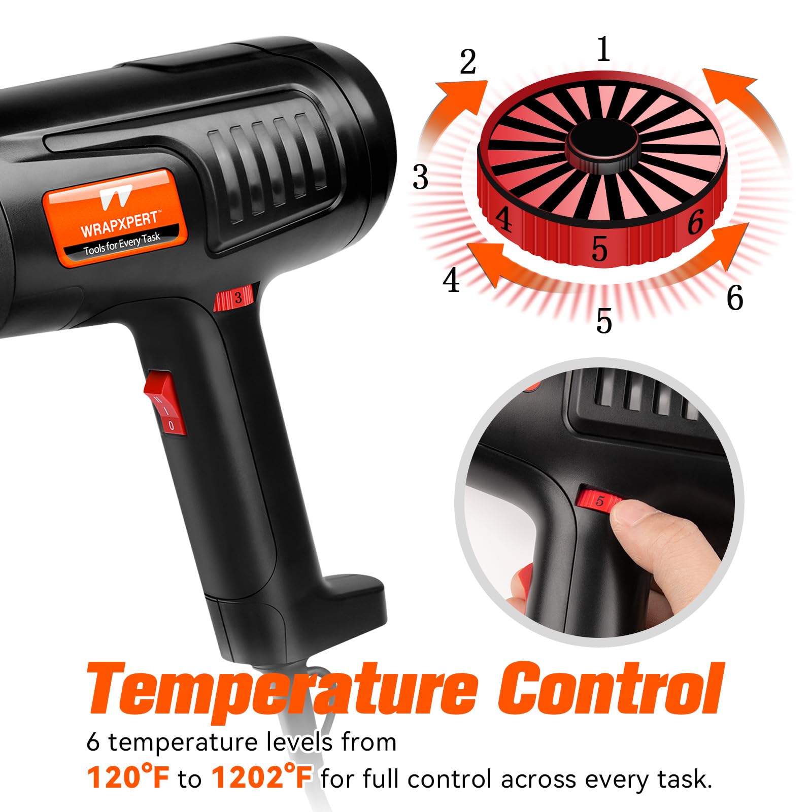 WRAPXPERT Pistola de calor para envoltura de vinilo de 1600 W, 50.0 °C a 650.0 °C con 2 velocidades de aire de temperatura variable, calentamiento rápido, pistola de aire caliente resistente para