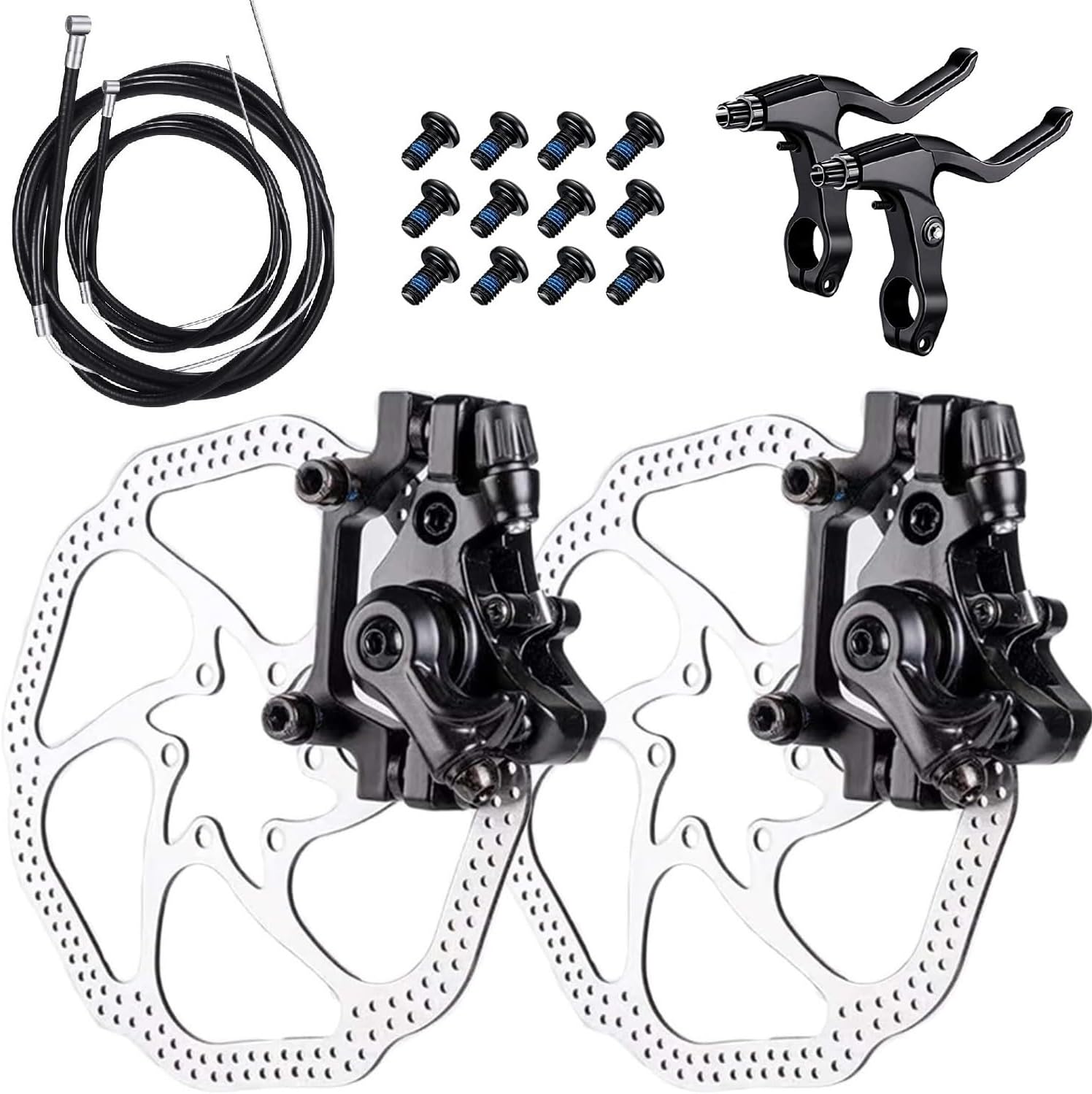 Fat-Cat Front and Back Disc Brake Kit - Aluminum Alloy Calipers, 2 Pcs Stainless Steel 160 mm Rotors & Cable & Brake Lever & 12 Bolts, Freewheel Threaded Hubs Hole Distance of 44mm