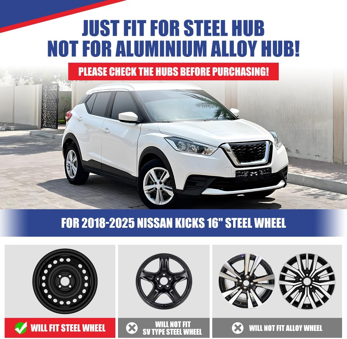 ROXX Wheel Cover Fits for 2018-2025 Nissan Kicks 16 Inch, PP Material Snap-On Hubcaps with 6 Spoke Style, Fits 16" Steel Wheel Only, OE Replacement Hub Caps (5188, 4Pcs, Matte Black)