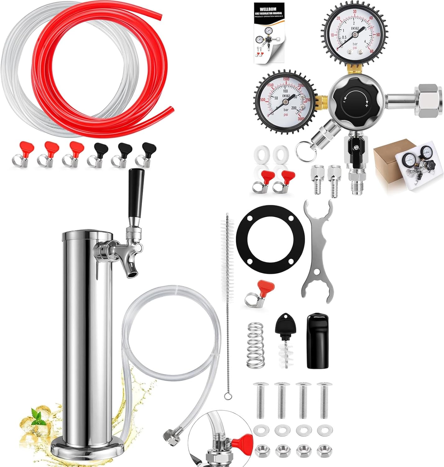 Single Beer tap Tower with 1/4 Barb & 0-60psi CGA-320 Co2 Regulator & 10FT Beer Dual Lines Kit