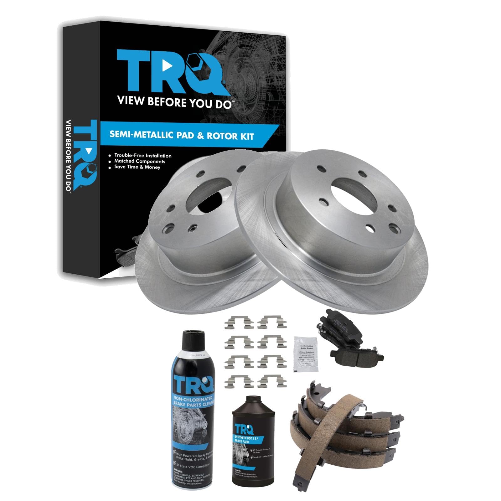 TRQ Rear Brake Pad &amp; Rotor Kit, with Chemical Kit Parking Brake Shoe Set Semi-Metallic Compatible with 2002-2021 Nissan Altima 2004-2018 Maxima