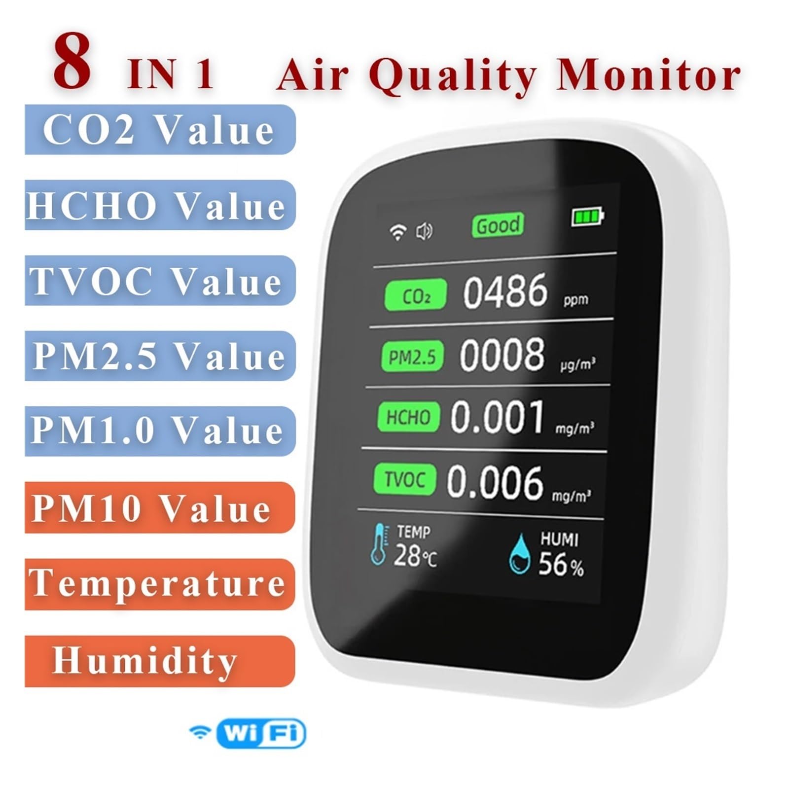 monitor de calidad del aire, CO2 PM1.0 PM2.5 PM10 Monitor De | Con Calidad Del Aire WIFI 8 En 1, Medidor De Temperatura Y Humedad, Detector De Dióxido De para probar cámaras CCTV e IP.