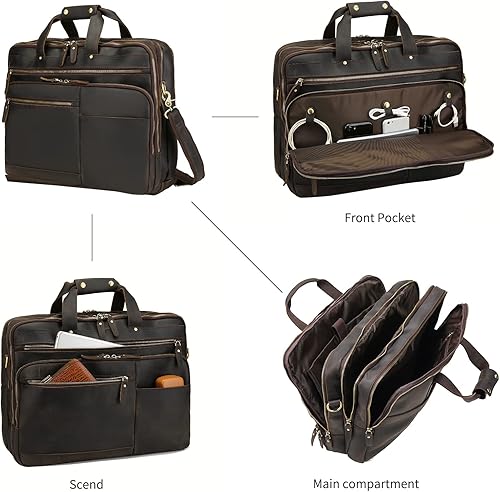 Miniatura 4 de Bolso de mensajero de cuero para hombre, maletín para portátil de cuero de grano completo vintage de 17.3 pulgadas