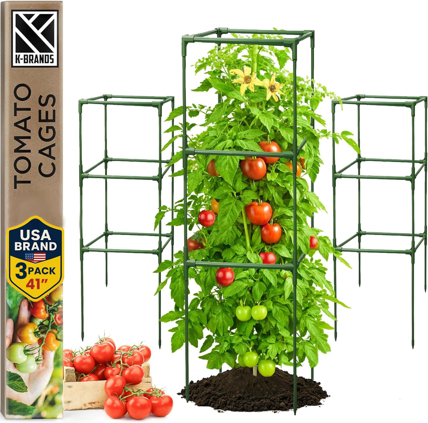 Tomato Cage Square - Large Trellis Stakes and Plant Support Structures for Vegetables and Climbing Plants - Tall Tomato Cages for Garden, Pots, Raised Garden Bed Outdoor Supplies (3 Pack - Up to 41")