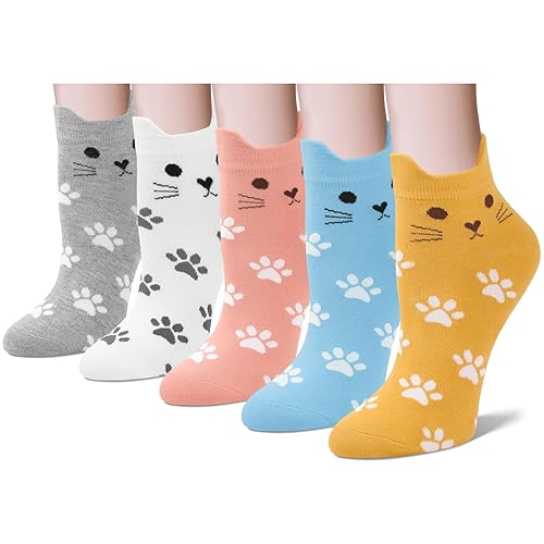 Justay 5 Pairs Cat Socks - Cute Cotton Novelty Funny Animal Fun Ankle Socks for Women Gifts - One Size - Blue Pink Yellow White Grey