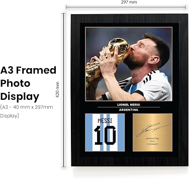 Lionel Messi Signed Poster Print – Argentina World Cup Victory Wall Art with Signature & Jersey Number – PSG Forward Memorabilia for Fans and Collectors, A4 Poster + Black Frame