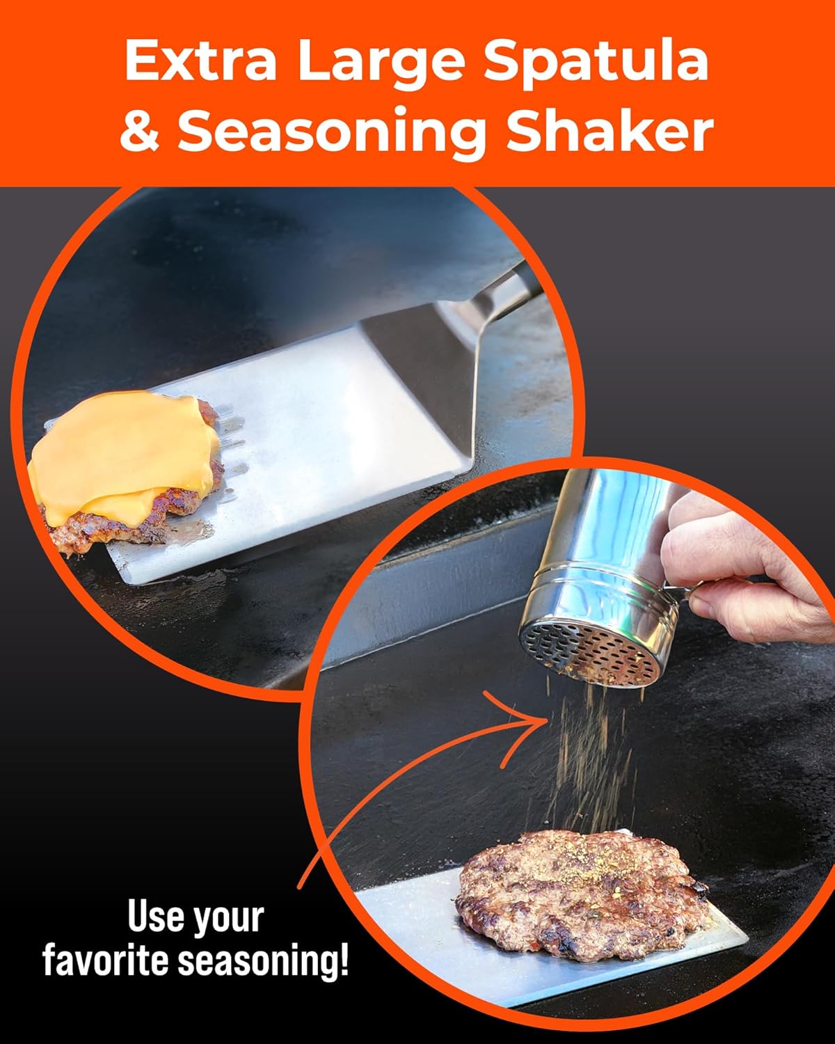 Smash Burger Press Kit – 6.5 Inch Stainless Steel Hamburger Smasher Tool – Heavy Duty Grill Press for Flat Top Griddles and Cast Iron Pans – Perfect for Crispy Smashed Burger Patty – Shaker Set